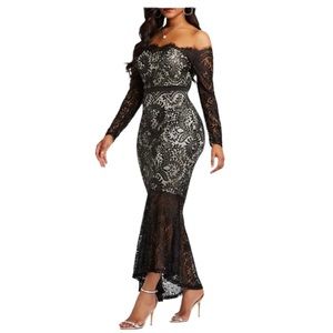 Black Nude Lace Mermaid Maxi Formal Dress-Large